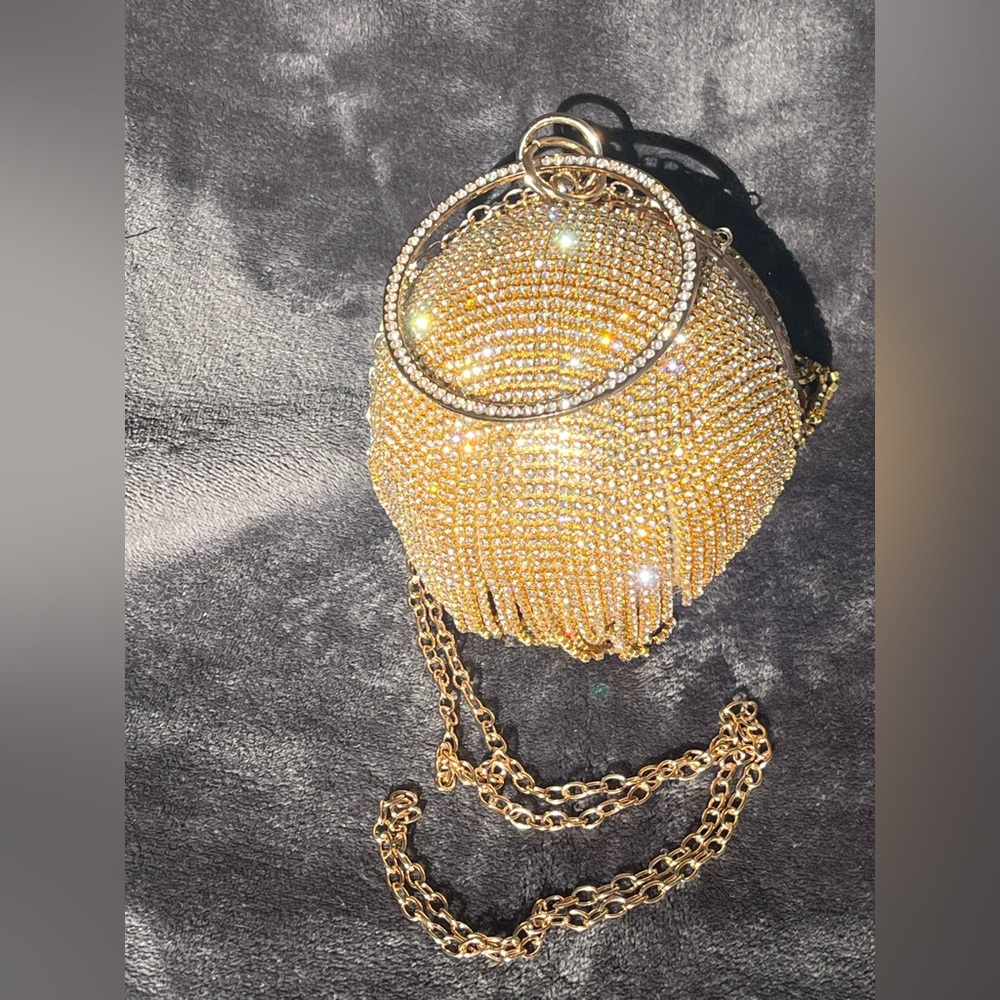 Rhinestone gold ball evening purse with tassels & ring handle. Holiday party. - Picture 6 of 9